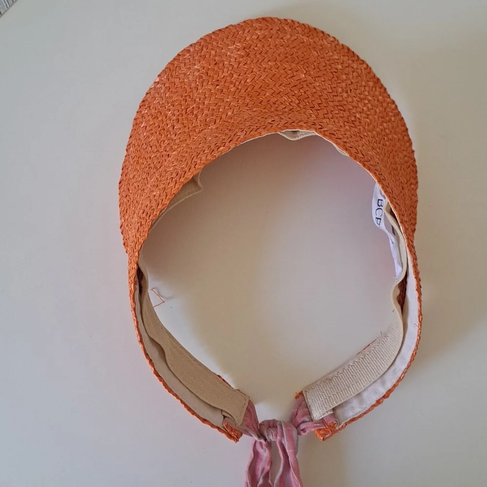 BCBGENERATION WOMEN'S Coral 100% Wheat Staw Visor Sun Hat with Ribbkn Tie